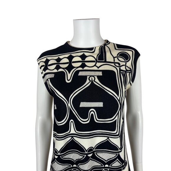 Vintage 70s Abstract Tunic Womens M Black & White Psychedelic Patterned Sleevele - Picture 3 of 10